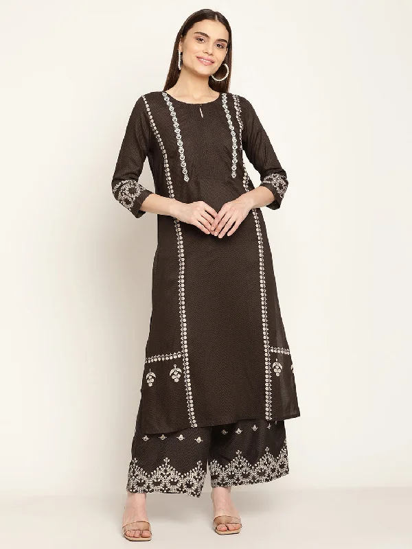 Women's Casual  Black Printed & Embroidered  Palazzo Set