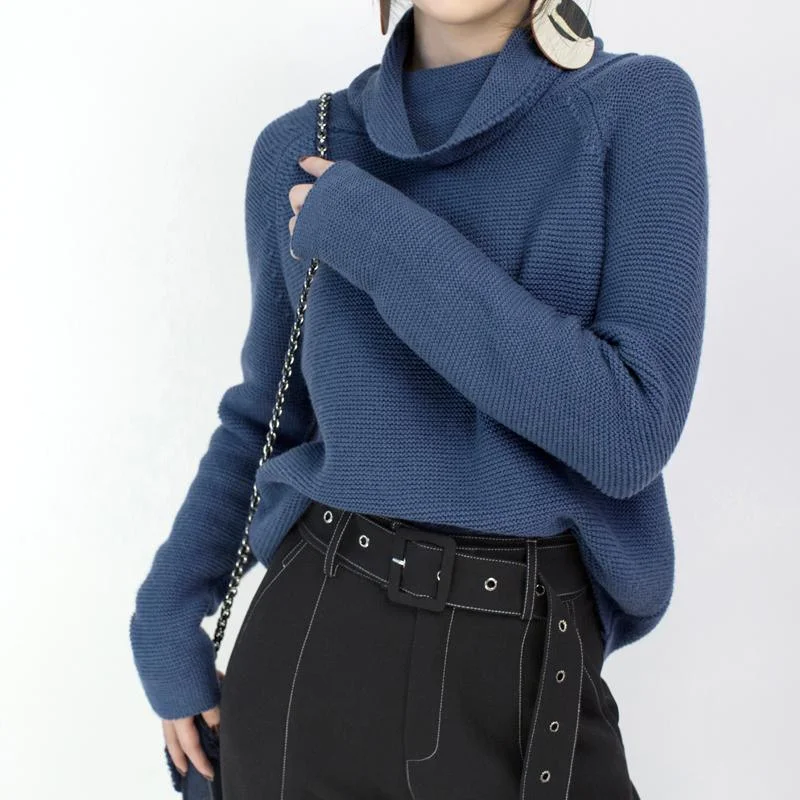 cozy blue sweater casual high neck knitted tops top quality baggy top