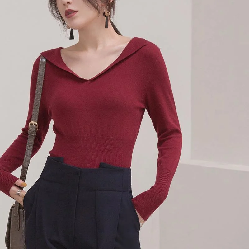 warm burgundy winter sweater oversize v neck knitted blouses Elegant tunic sweaters blouse