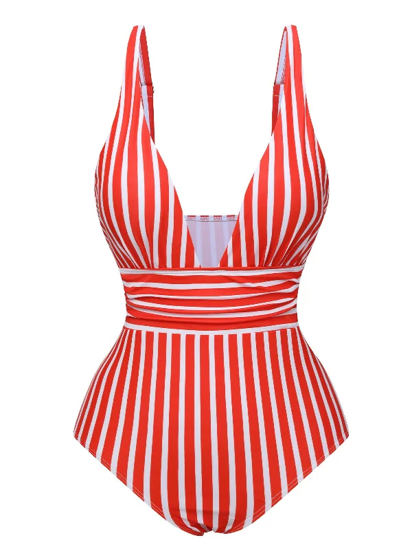 1950s Stripes Spaghetti Strap One-Piece Swimsuit